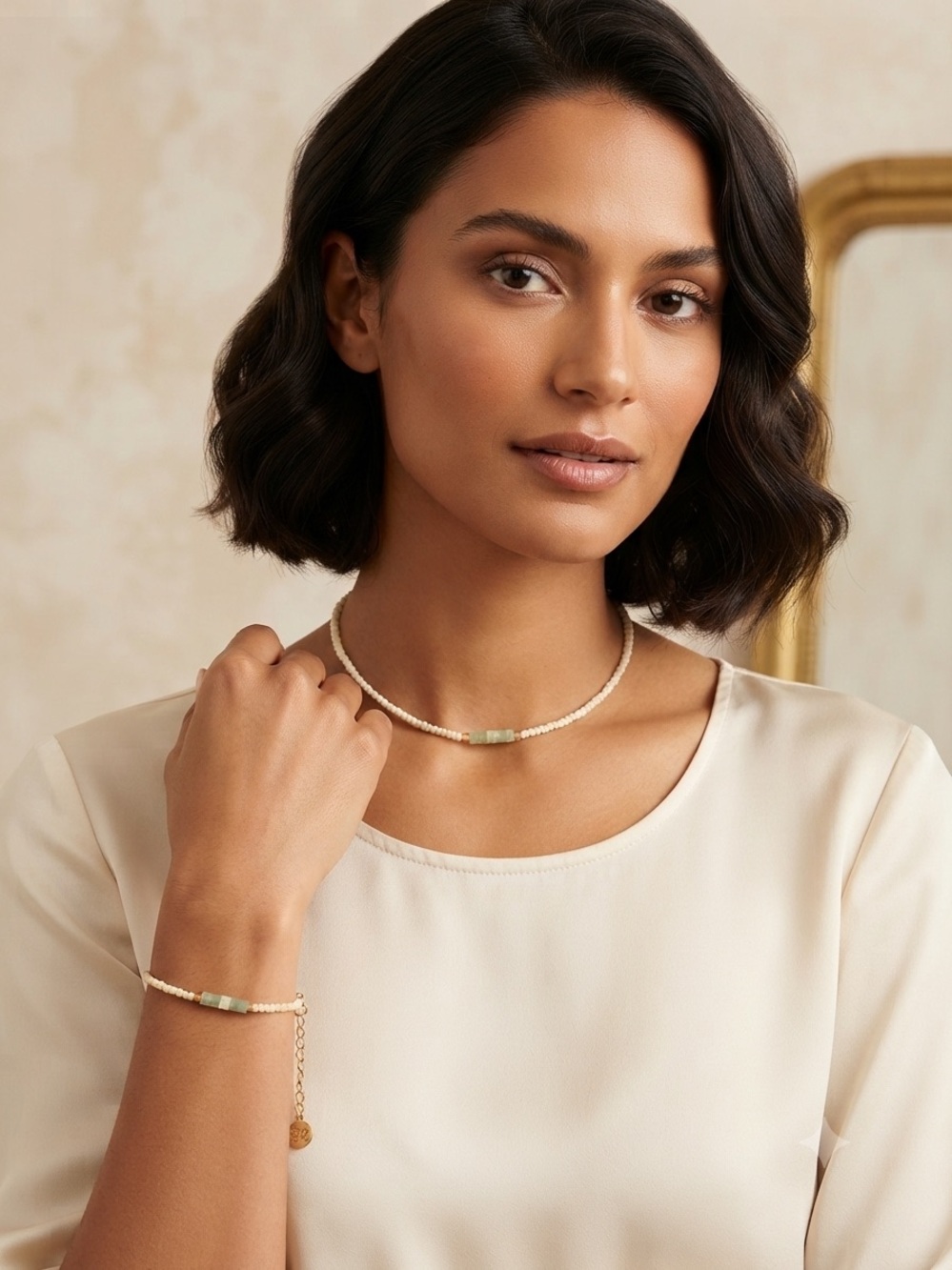 Delicate Cream/Tan Beaded Necklace and bracelet- Women's Jewelry